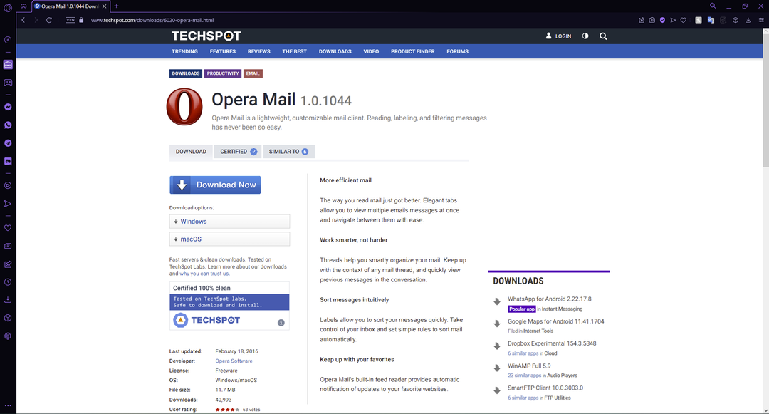 Lataa opera-sähköpostiohjelma Windows 10:lle kolmannen osapuolen sivustolta.