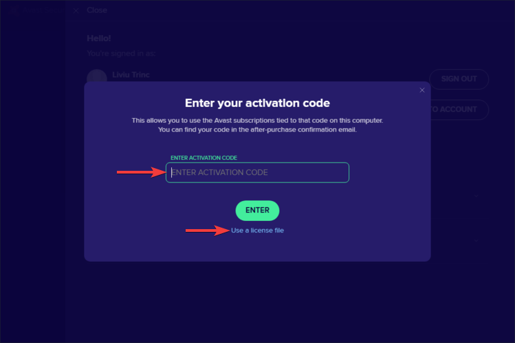 Avast SecureLine zeigt den Aktivierungscode eingeben