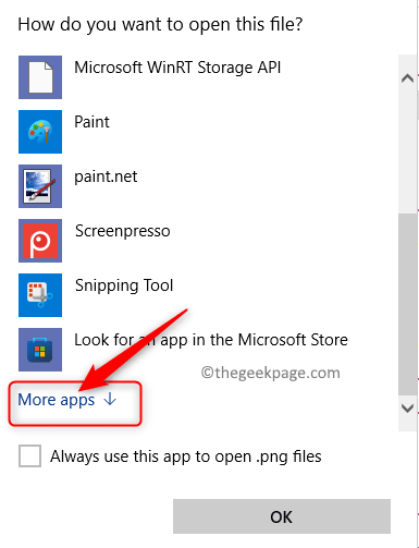Kliknite Več aplikacij, če aplikacije ni mogoče najti Min