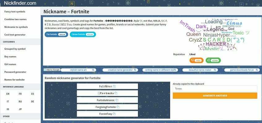 Генератори на имена на Fortnite 
