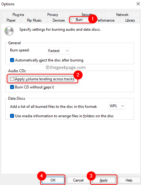 „Windows Media Player“ parinktys Įrašyti Panaikinkite žymėjimą Garsumo lygiavimas Min