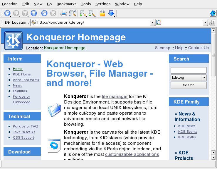 Konqueror webbläsares hemsida.