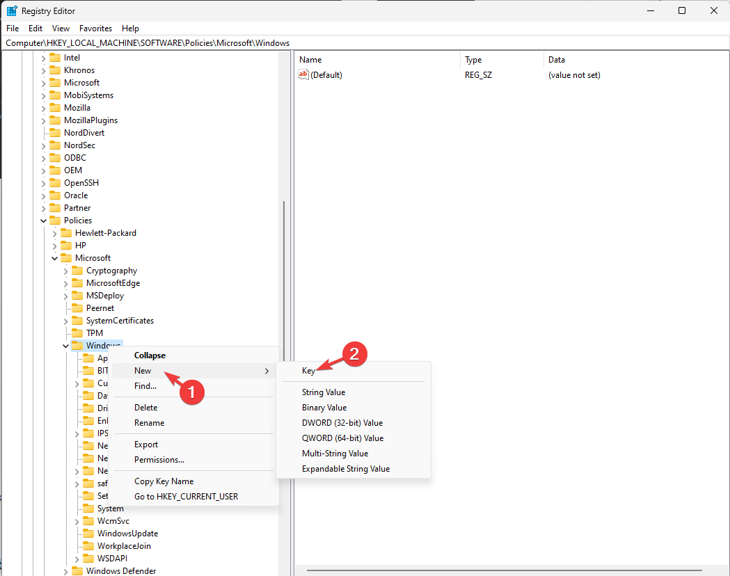 izberite Novo, nato izberite Ključ - Zameglitve ozadja ni mogoče onemogočiti v sistemu Windows 11