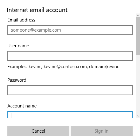 configuración de la cuenta de correo electrónico de Internet
