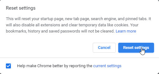 resetați setările Chrome execuția serverului a eșuat Chrome