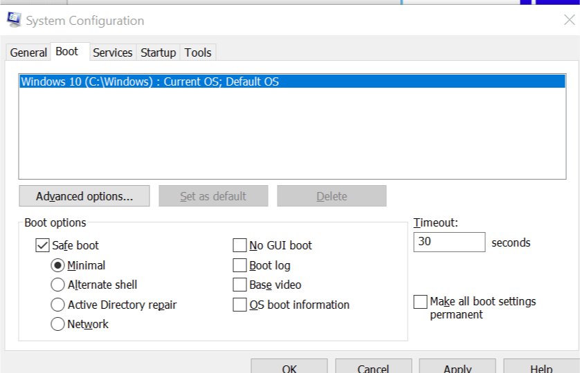 Safe Boot-tilstand Windows 10