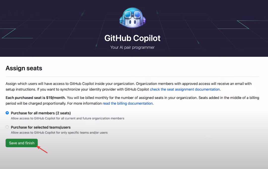 Priskirkite vietas ir spustelėkite Išsaugoti ir baigti. – „GitHub Copilot for Business“.