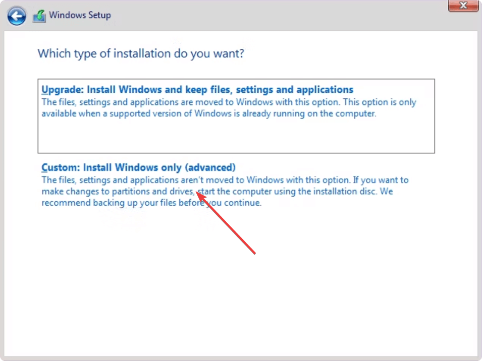 pasirinkti tinkintą Windows sąranką