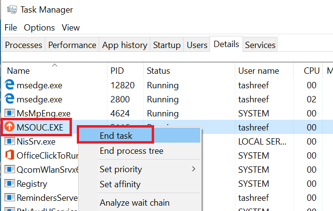 Microsoft Upload - Taks Manager - MSOUC-EXE - End task Si è verificato un errore durante l'accesso alla cache dei documenti di Office 
