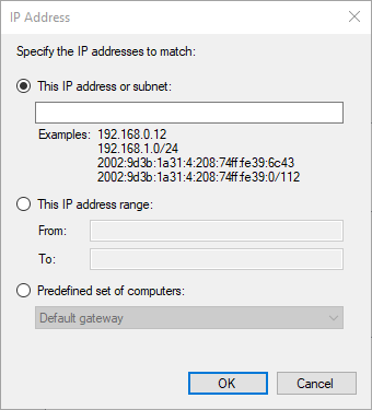 Janela de endereço IP, firewall do Windows permite faixa de ip