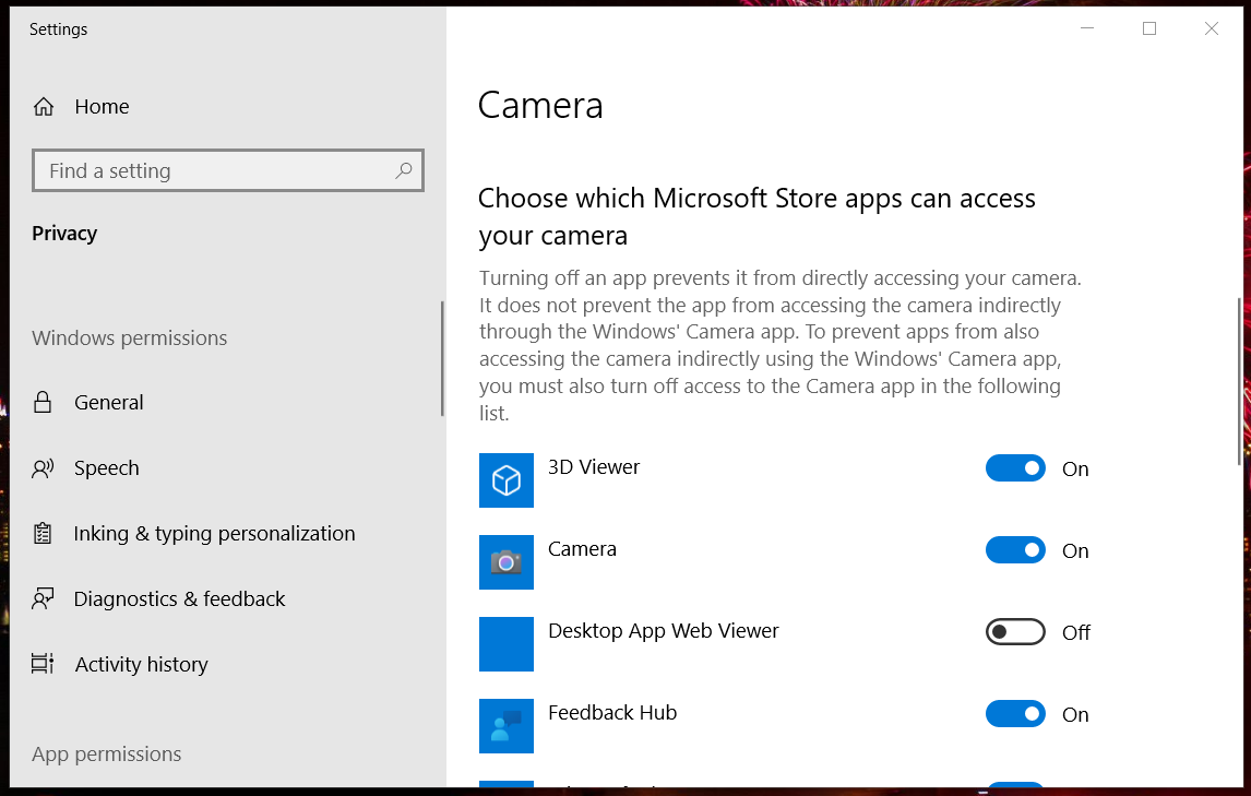 Nastavení oprávnění aplikace MS Store omezuje kameru, která nefunguje v systému Windows 10