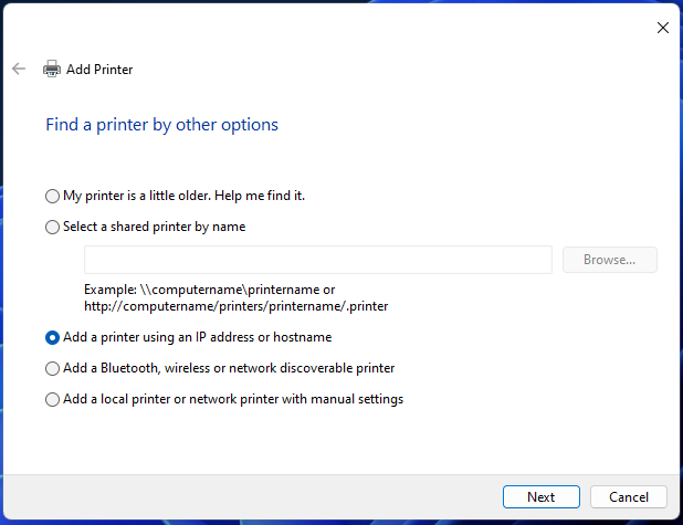 добавете принтер чрез ip адрес windows 11