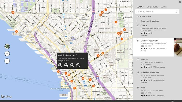 Bing Maps -sovellus Windows 8, 10: lle saa integroidut arvostelut Yelpin, TripAdvisorin ja paljon muuta