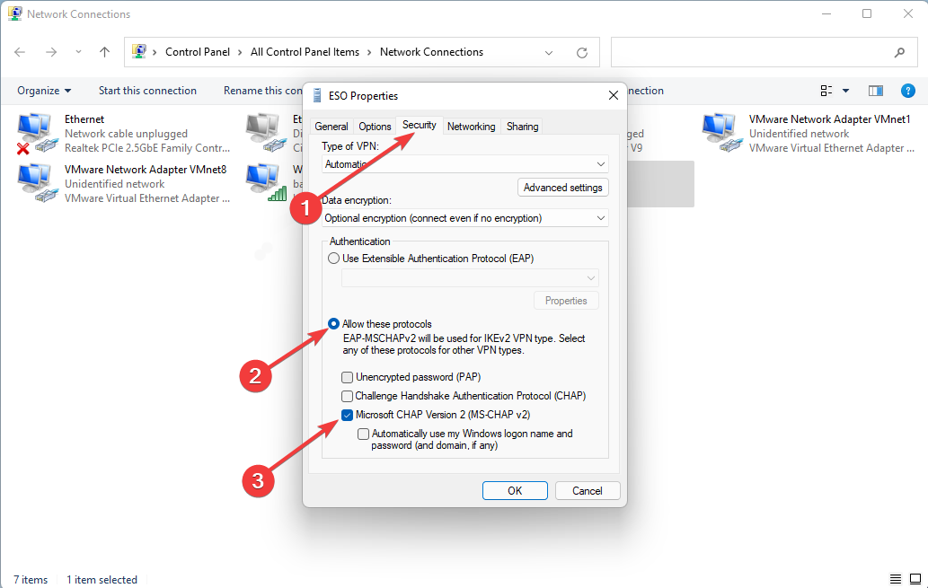 Windows 11-s L2TP vea parandamiseks märkige ruut Microsoft-CHAP Version 2