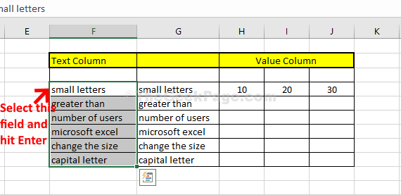 फ़ील्ड छोटे अक्षरों का चयन करें एंटर दबाएं