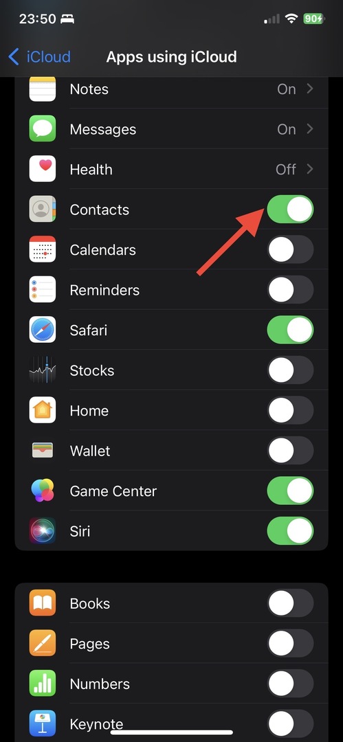 iCloudi kasutav rakendus lülitage sisse kontaktid
