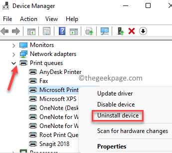 إدارة الأجهزة قوائم انتظار الطباعة Microsoft Print To Pdf انقر بزر الماوس الأيمن فوق Uninstall Device Min
