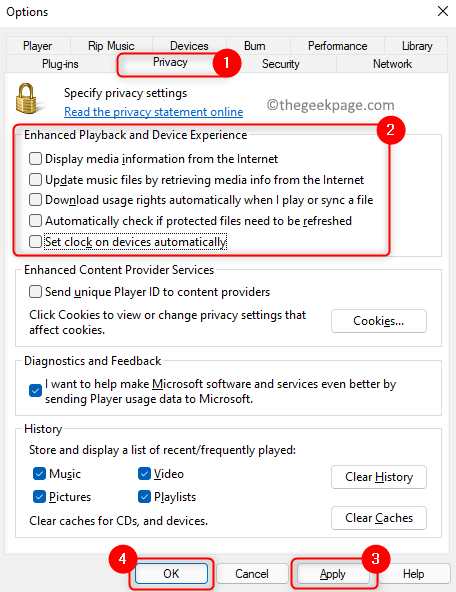 „Windows Media Player“ parinktys Privatumas Panaikinkite Patobulintų atkūrimo parinkčių žymėjimą Min