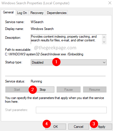 Išjunkite „Windows“ paieškos paslaugą