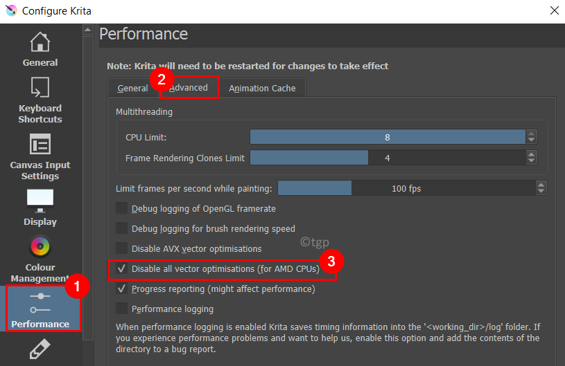 Skonfiguruj Krita Performance Advanced Wyłącz optymalizację wektorów Min