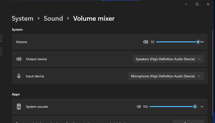 Janela de configurações do mixer de volume 11 sem som