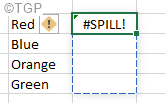 Pantalla de error de derrame de Excel