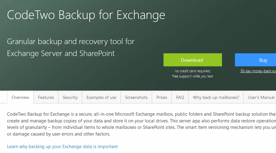 CodeTwo Backup for Exchange архивиране за Exchange