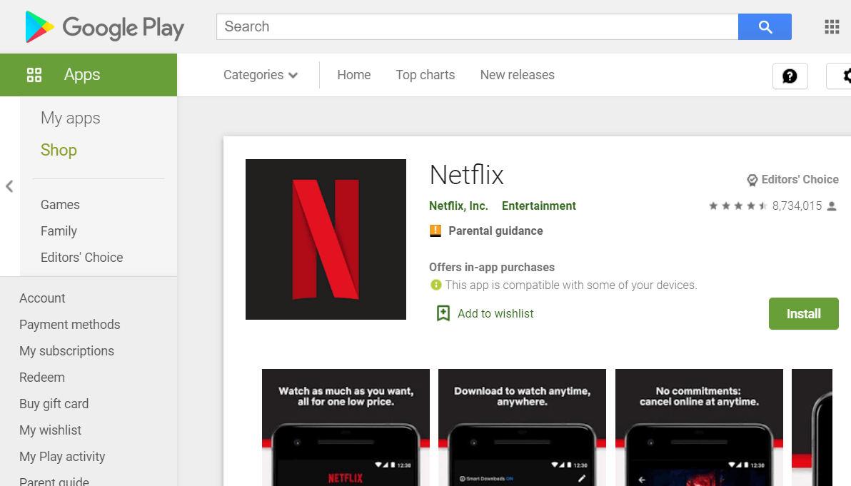 Google Play Netflix पृष्ठ नेटफ्लिक्स त्रुटि 1.20, 1.50