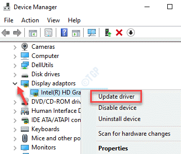 Дисплейни адаптери на Device Manager Щракнете с десния бутон на Update Driver