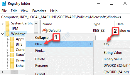 Editor del Registro di sistema Passare a Windows Fare clic con il pulsante destro del mouse su Nuova chiave