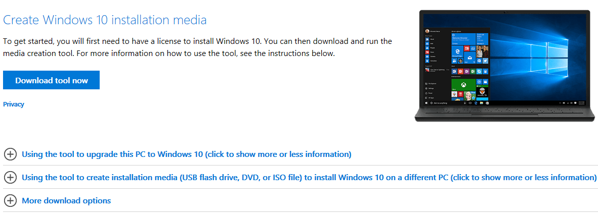 outil de création de médias de mise à jour de Windows 10 octobre