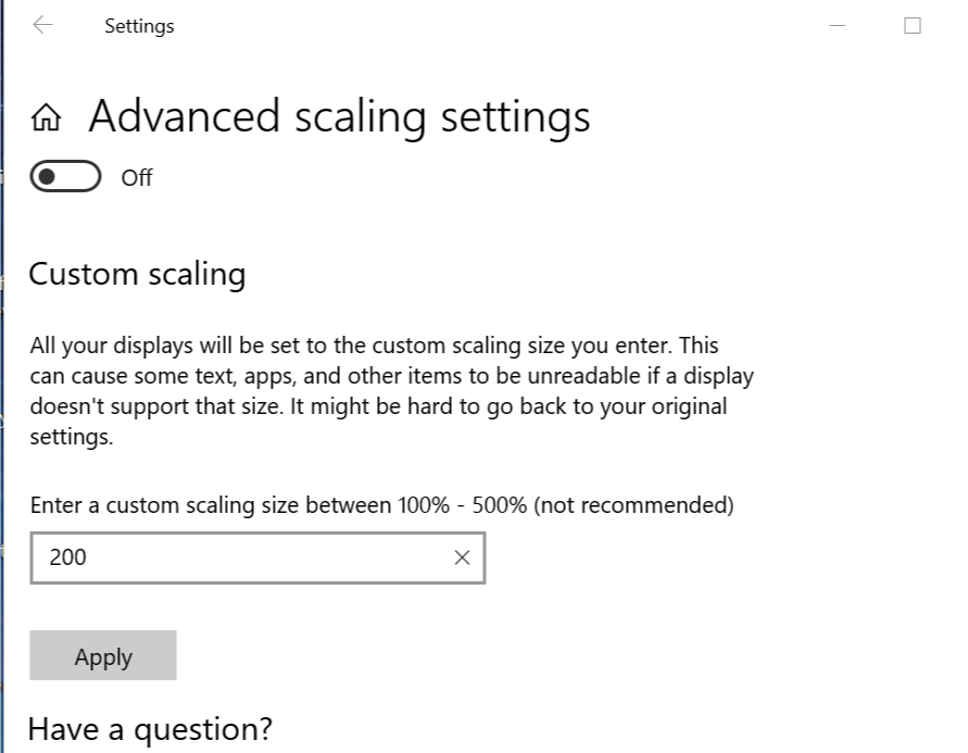 Ecran de scalare personalizat Windows 10
