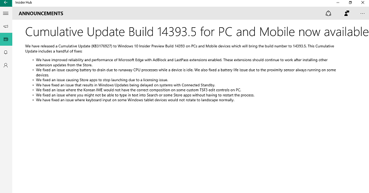 Windows 10 Predogled kumulativne posodobitve KB3176927, objavljene za Insiders