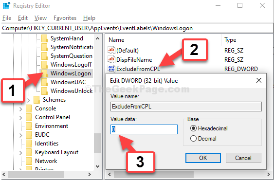 Windowslogon Excludefromcpl 두 번 클릭 Valaue 데이터 0