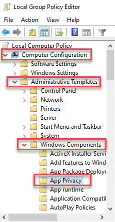 Vietos grupės strategijos rengyklės kompiuterio konfigūracijos administravimo šablonai „Windows Components“ programos privatumas