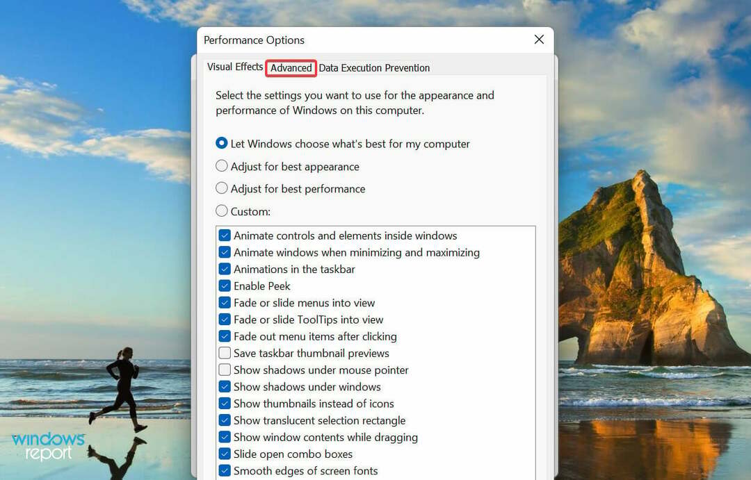 Accédez à l'onglet Avancé pour corriger Windows 11 n'utilisant pas tout le RAM
