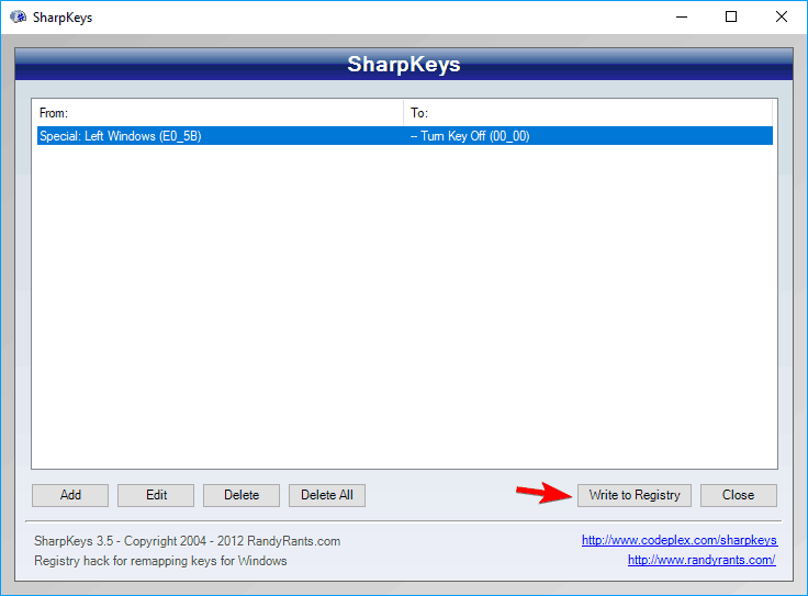 scrivi nel registro Sharpkeys disabilita la chiave di Windows