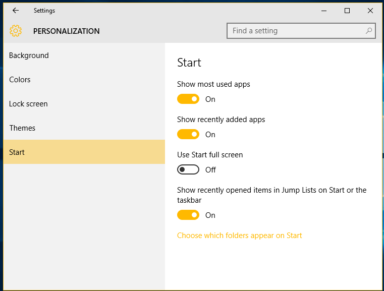 personalização do menu inicial do windows 10