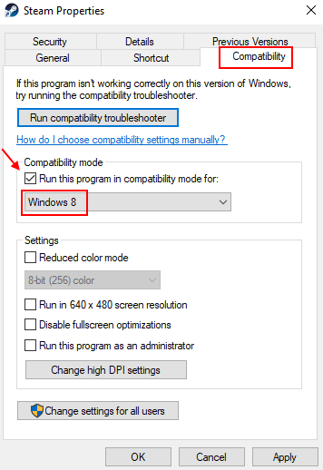 Mode de compatibilité Steam Windows 8 Min