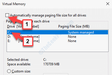 Memori Virtual Secara Otomatis Kelola Ukuran File Paging Untuk Semua Drive Hapus centang Drive C