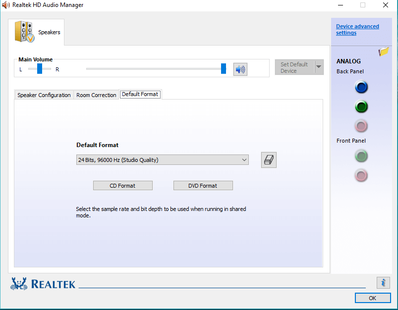 predvolený formát Stiahnite si Realtek HD Audio Manager