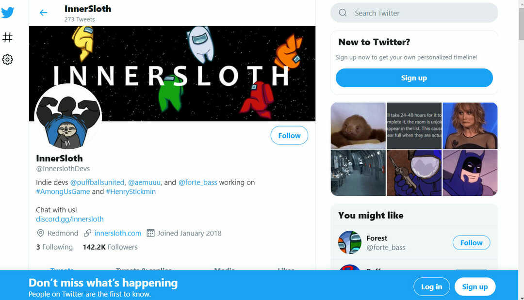 หน้า InnerSloth Twitter ที่คุณตัดการเชื่อมต่อจากเซิร์ฟเวอร์แพ็กเก็ตที่เชื่อถือได้ 1 ไม่ได้รับการตอบรับ