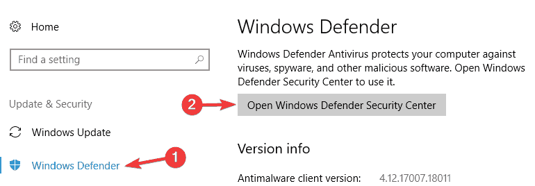 Windows Defender- ის განახლების კავშირი ვერ მოხერხდა