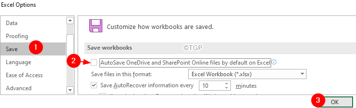 Excel قم بإلغاء تحديد الحفظ التلقائي في Onedrive