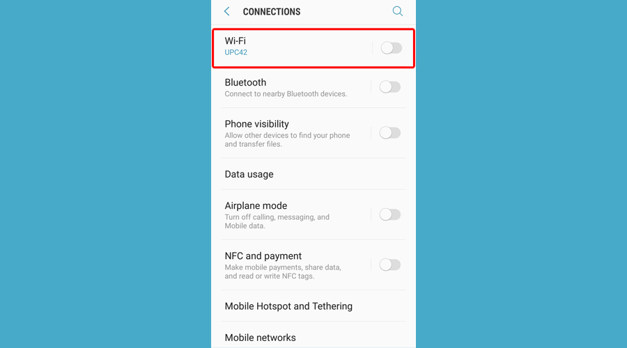 Az Android eszköz Wi-Fi kapcsolatot mutat