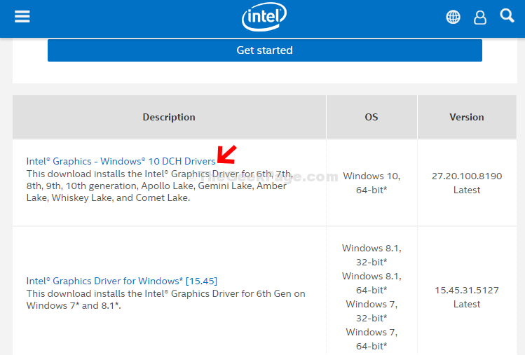 Lejupielādes lapas apraksts Intel Graphics Windows 10 Dch draiveri