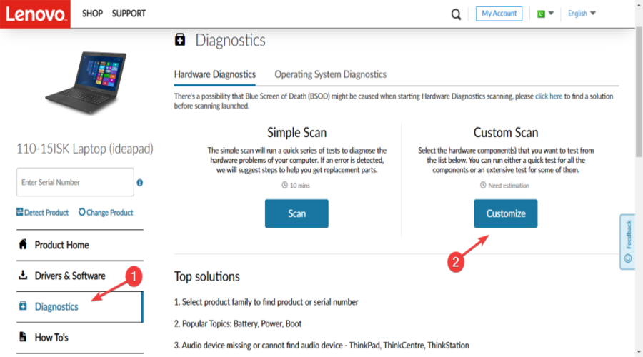 Mukautetun skannausvaihtoehdon käyttäminen Lenovo Online Hardware Diagnosticsissa