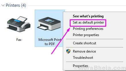 Десни клик на штампач постављен као задани штампач