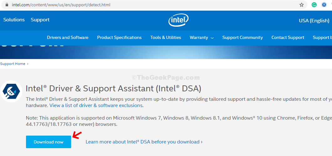 Intels nedladdning av supportsida