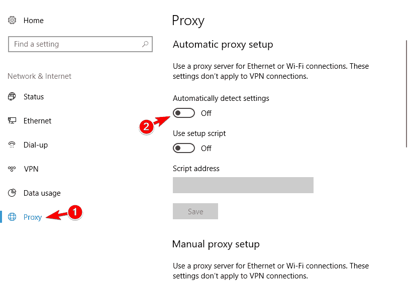 Windows 10 nevar noteikt starpniekservera iestatījumus